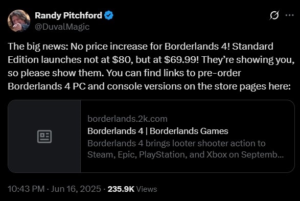 《无主之地4》国区定价全球最低