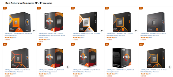 恐怖统治力!AMD通吃电商平台CPU畅销Top10:Intel零上榜